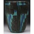 Rookwood later matmat moderne flaring vase by wilhelmine rehm with geometric pattern in green blue and brown 1931 flame markxxxi6181dwr 7 x 5 12