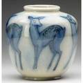 Rookwood late porcelain vase painted by elizabeth barrett with fauns in blue on an ivory ground 1948 flame markxlviiis2180artists cipher 6 12 x 6