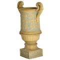 Rookwood large terra cotta garden urn and stand decorated in the italian renaissance style with blue engobe a few small chips commensurate with age largest 2 stamped 3041y rp overall 43 x 26