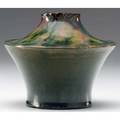 George ohr fine squat vase with torn rim the shoulder in a pink turquoise green and gunmetal sponged glaze over a bottlegreen body a few minute nicks to rim and base some touchedup script si
