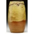 Rhead  santa barbara vase decorated with a large bird in flight incised and glazed white against matte yellow and brown ground yshaped line around body overfiring bubbles circular stamp 6 x 3