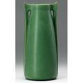Teco tall tapered vase with two buttressed handles covered in smooth matte green glaze stamped teco 11 14 x 5