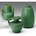 Teco three vases covered in matte green glaze nick near spout of pitcher stamped teco tallest 6
