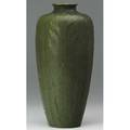 Grueby unusual vase embossed with fullheight leaves under a rich matte green glaze rare form and design circular pottery stamp 10 x 4 12
