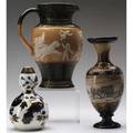 Doulton lambeth etc three pieces doulton lambeth vase by hannah barlow incised with sheep assyrian pitcher and a gourdshaped vase marked rh with colorful birds and blooming branches all marked