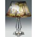 Pairpoint table lamp its shade reversepainted with colorful landscape and stone wall over a twosocket classical silvered base base stamped pairpoint 22 x 15
