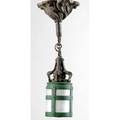 Handel hanging wall sconce of cast bronze with a stylized cylindrical chipped ice lantern in green and frosted glass unmarked 14 x 10