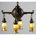 Arts  crafts lighting bronze chandelier with four arms suspending four steuben shades unmarked 35 x 22 12