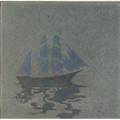Marblehead tile with a tall ship on calm waters in shades of blue and gray from the collection of arthur baggs daughter mary trowbridge baggs tweet of tolland connecticut ship mark partial pap