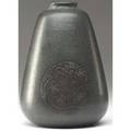 Marblehead tapered vase incised with three medallions of stylized birds in brown against a speckled dark green ground from the collection of arthur baggs daughter mary trowbridge baggs tweet of to