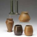 Marblehead six vases pair of matte green bud vases and four small vases in matte mustard or glossy brown from the collection of arthur baggs daughter mary trowbridge baggs tweet of tolland conn