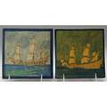Marblehead two tiles both painted with ships at sea from the collection of arthur baggs daughter mary trowbridge baggs tweet of tolland connecticut ship marks and paper label 5 12 sq