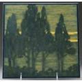 Arthur baggs  marblehead exceptional tile painted with cedar trees in silhouette against a cloudy sunset in the style of arthur wesley dow in green and yellow complete with original pencil and cha