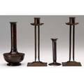 Roycroft four hammered copper pieces small american beauty bud vase pair of princess candlesticks and bud vase stamped with early and midperiod orb and cross marks american beauty 7