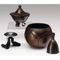 Roycroft four hammered copper items dinner bell small vase with leaf design and two incense burners stamped with midperiod orb and cross marks vase 4 12 x 3 14