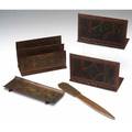 Roycroft hammered copper desk set designed by walter jennings with italian polychrome bookends letter holder pen tray and letter opener all have orb and cross marks but letter opener