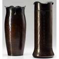 Roycroft two hammered copper vases with scalloped rim one bellflower motif stamped midperiod orb and cross marks 8 34 and 9 14