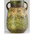 Roseville blackberry large twohandled vase crisp mold tight line to one handle fleck to base paper label 12 14 x 9