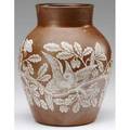 Charles graham saltglazed stoneware vase acidetched with parrots and butterfly on a leafy oak branch impressed mark with patent date 1885 7 14 x 5 12