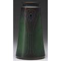 Rookwood incised mat tapered vase decorated by sara sax with peacock feathers in pink and green against a green ground 1914 very minor peppering flame markxivv1655evartists cipher 8 x 4 1