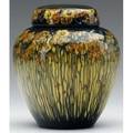 Rookwood bulbous double lidded jar painted by lorinda epply with branches of orange flowers on a blue and yellow ground 1923 a striking and unusual example flame markxxiii1321cartists cipher