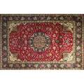 Persian tabriz roomsize rug with a large floral multicolored medallion on a rich ruby field ivory palmettes surrounded by a floral palmette border ca 1970 98 x 127