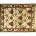 William morris style roomsize rug with a large poppy pod and vine pattern in deep cherry and celadon on a pale ochre field 96 x 123