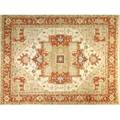 Peshawar serapi roomsize rug with a terracotta and mustard geometric medallion on an ivory field buff spandrels surrounded by a terra cotta border 9 x 118
