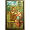 Arts and crafts large leadedglass window reversepainted with a courtship scene excellent quality and rendering secured in frame 46 x 26