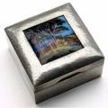 Liberty  co hammered pewter box inset with colorful enameled landscape impressed made in england tudric 01021 1 34 x 3 12 sq