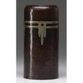 Roycroft hammered copper cylindrical vase with silver overlay orb  cross 6 14 x 3 wear to new dark patina at base