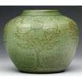 North dakota school of mines bulbous vase carved by flora huckfield with large flowers under a frothy pale green and mustard glaze incised s undegaard huckfield 914 blue ink stamp 6 12 x 7 12