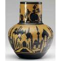 North dakota school of mines bulbous vase carved by marie b thormodsgard with a perfectly rendered arabian night scene excised in black against a caramel ground c 1930 one of the most interesting