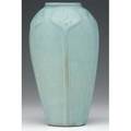 Van briggle ovoid vase embossed with stylized flowers under sheer blue glaze 1911 incised aa 1911 7 12 x 4