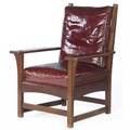 L and jg stickley deep armchair no 420 with its original spring seat and oilcloth upholstery branded the work of 42 x 31 12 x 29