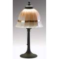 Steuben boudoir lamp the patinated candlestick base topped by a beautifully colored ribbed shade going from magenta to frosted white with caramel band maker touch mark in fitter ring 15 12 x 8