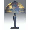Handel table lamp its chipped ice shade reversepainted with a wooded landscape over a threesocket base covered in bronze patina shade signed handel 6519 twice once with patpend and stamped ha