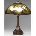 Handel table lamp its iridized hemispherical shade obversepainted with an autumnal landscape and birds in flight over a threesocket fluted base shade signed handel 6953 r stamped handel patd n