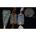 Rene lalique four pendants muguet of opalescent glass chose promise for fioret in clear and frosted glass and a pair with maiden in opalescent and clear and frosted with brownish patina engr