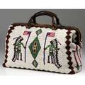 Native american plains beaded doctors bag probably sioux stitched on both faces with geometrics flags and bonneted figures in red blue green wine and black on a white beaded ground beaded on