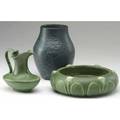 Hampshire three pieces matte green low bowl with leaves and yellow buds bulbous vase in frothy deep bluegreen and a green pitcher bowl exhibited in american arts  crafts from the collection of