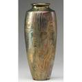 Weller sicard tall ovoid vase painted with snails on a swirled ground in gold green and purple evenly fired exhibited in american arts  crafts from the collection of alexandra and sidney sheldo