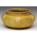 Grueby squat vessel decorated with rounded leaves under a frothy matte mustard glaze circular pottery stamp illegible incised name or numbers 3 14 x 6