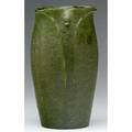 Grueby vase with tooled and applied fullheight leaves alternating with buds under fine matte green glaze exhibited in american arts  crafts from the collection of alexandra and sidney sheldon p