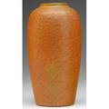Merrimac ovoid vase covered in bright yellow and orange peel matte glaze 1 12 line from rim mark obscured by glaze 6 12 x 3 12