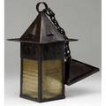 Gustav stickley rare hammered copper foursided lantern with vented pyramidal top lined in hammered amber glass complete with ceiling cap and chain unmarked 24 x 7 sq