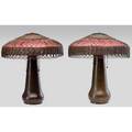 Gustav stickley pair of hammered copper foursocket lamp bases topped by wicker and red fabric shades unmarked 23 x 18 12 each