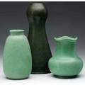 Teco three vases all covered in matte green glaze all marked tallest 9 14