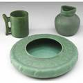 Teco three pieces vase with threesided rim handled cup and squat bowl with berries all covered in matte green glaze stamped marks bowl 9 14 dia