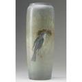 Rookwood vellum cylindrical vase painted by e t hurley with a sparrow and its nest amongst leary branches 1908 flame markviii951bveth 12 12 x 4 12